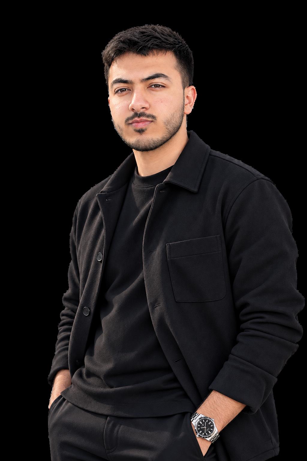 Limon Sheikh in a black minimalist outfit